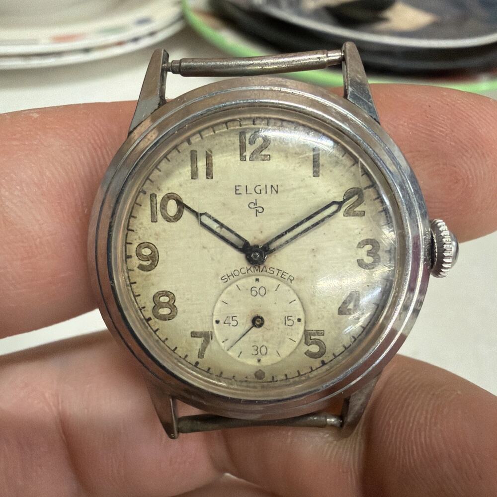 Elgin Shockmaster Military Style with 'Angel Wing' Manual Wind, Works